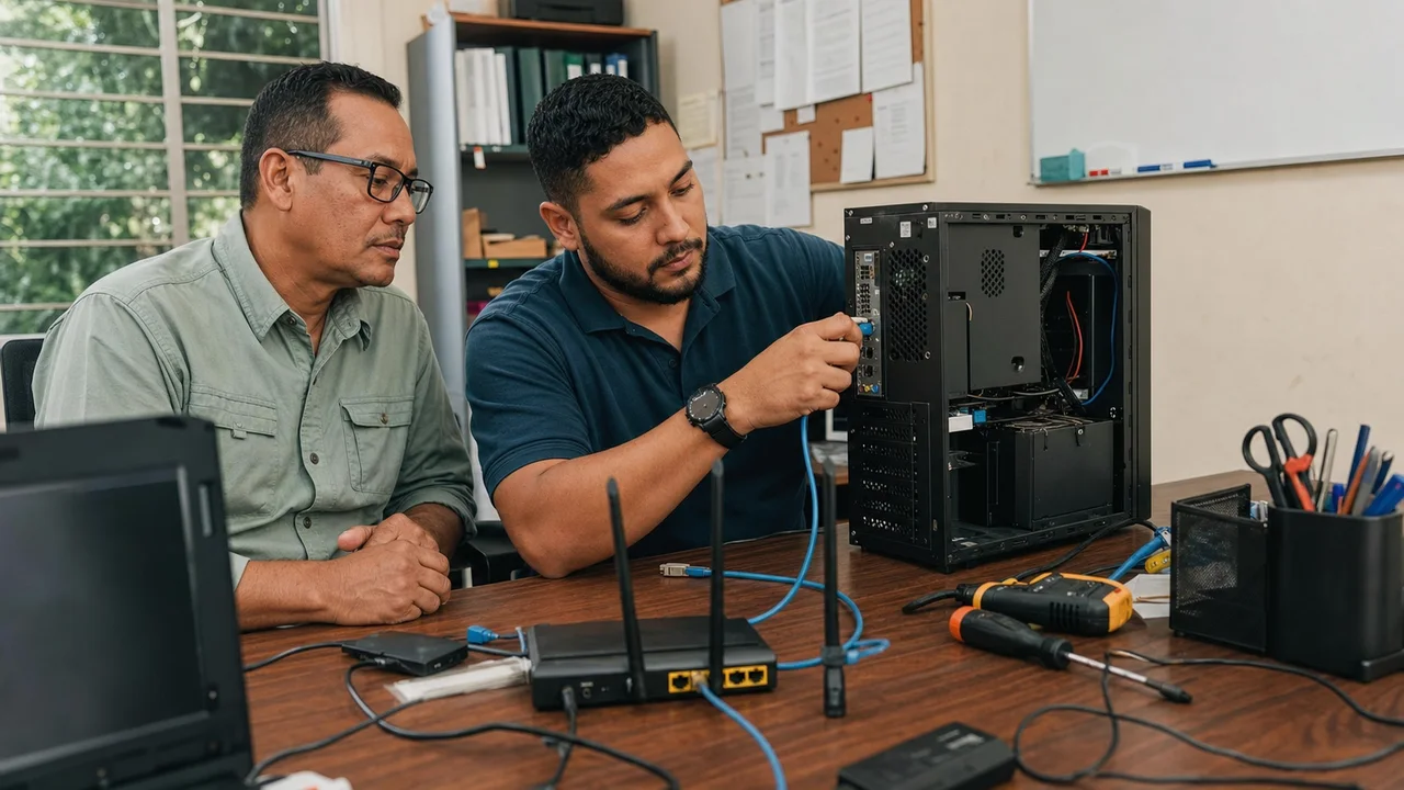Técnico reparando una computadora y una red mientras el cliente acompaña el diagnóstico